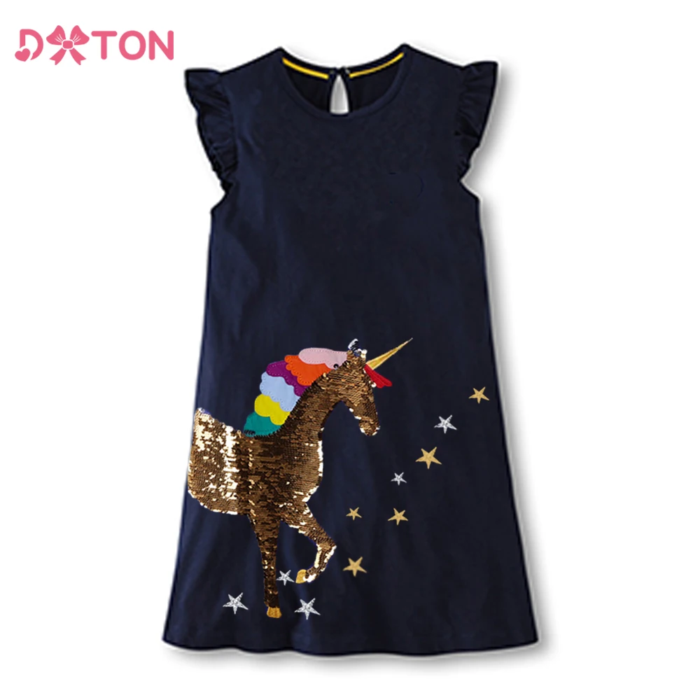 

DXTON Summer Kids Dresses For Girls Flying Sleeve Toddlers Dress Cotton Children Clothing Sequin Unicorn Baby Girls Dress 3-12Y