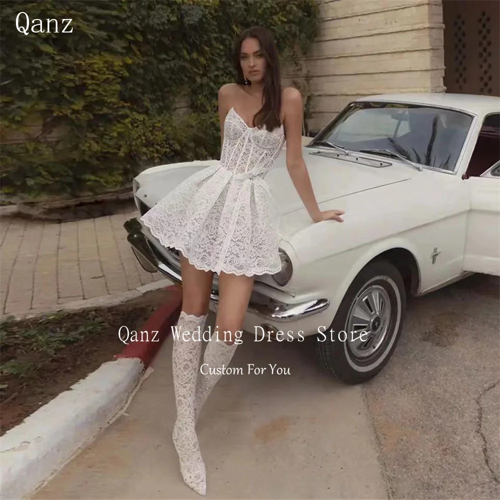 Qanz Sexy Lace Wedding Dresses Mini A Line Bone Sweetheart Short Bridal Gowns Corset Back Robe De Mariée Bohème Chic Plus Size