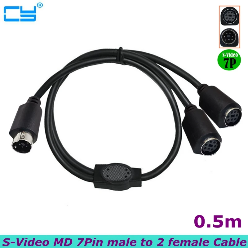 

50cm Mini DIN 7-Pin Splitter Y Adapter Cable，S-Video MD 7P 1 male to 2 female Audio/Video Cable, S-video Set-Top Box Cable