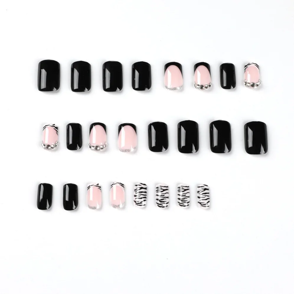 24Pcs Artificial Square Head Fake Nails Set Press on Black French Stripe Rhinestone False Nails Art Removable Stick-on Nail Tips