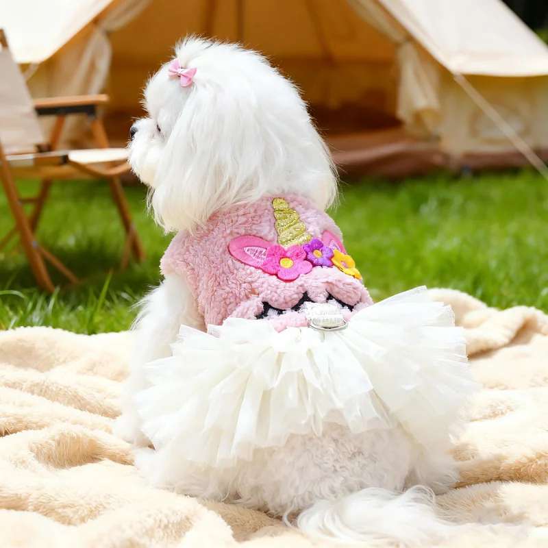 

Pet Dog Cat Dress Pink Unicorn Tulle Skirt Autumn Winter Warm, Cute Small Puppy Comfortable Cozy Party Gown Outfit