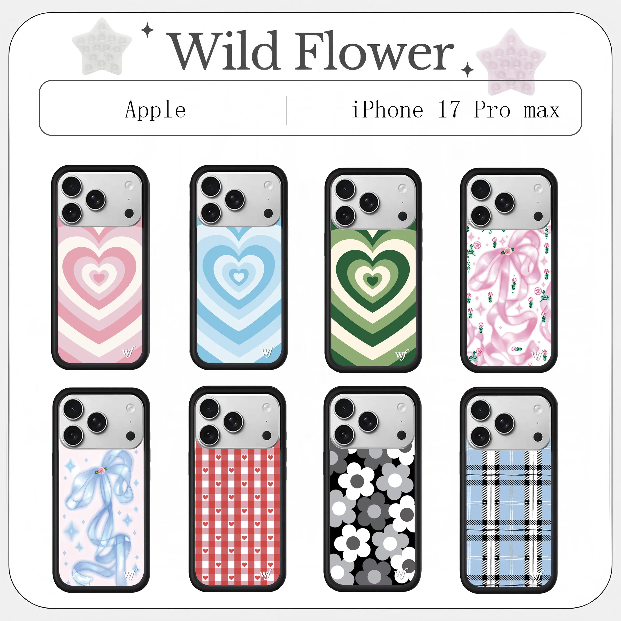 

New WildFlower Style Phone Case with Gradient Heart & Bow Ribbon Print For iPhone 17 16 15 14 13 12 Pro Max Plus air Frame Shock