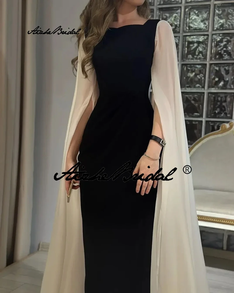 Czarny Vestid Długie rękawy Kobiety Impreza Kontrastowy kolor Gość weselny Suknie wieczorowe Arabia Saudyjska Sukienka na studniówkę