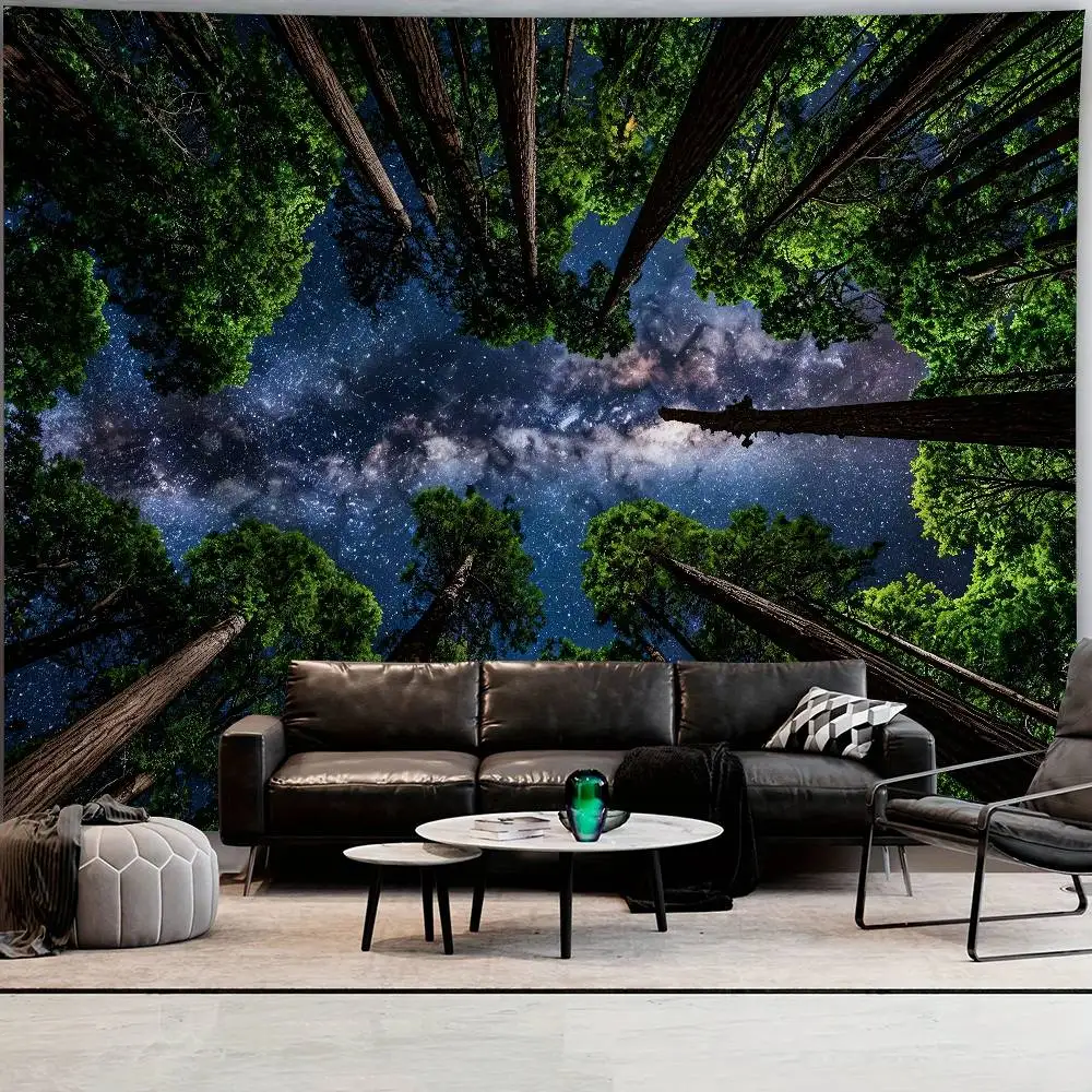Galaxy Forest Tapestry Starry Sky Wall Hanging Milky Way Nature Landscape Bedroom Dorm Room Home Decor Large Wall Decoration
