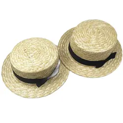 Kids girls nature sun hat Flat Bowler hat Wheat Straw hat Boy Children women casual summer beach hat bow ribbob sunscreen hats