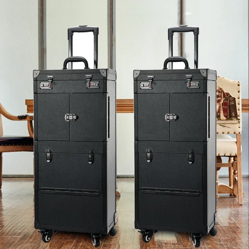 Hairdressing trolley luggage cosmetic toolbox trolley case retro hair stylist dedicated large capacity scissors bag rolling box