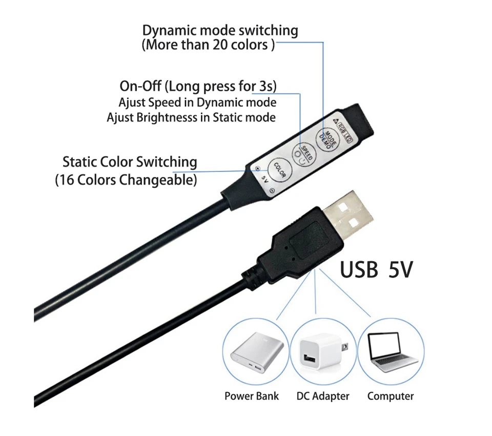 NOWYEY-LED Dimmer com controlador de música USB e Bluetooth, adaptador escurecimento tri-color, faixa SMD 5050, DC 5V