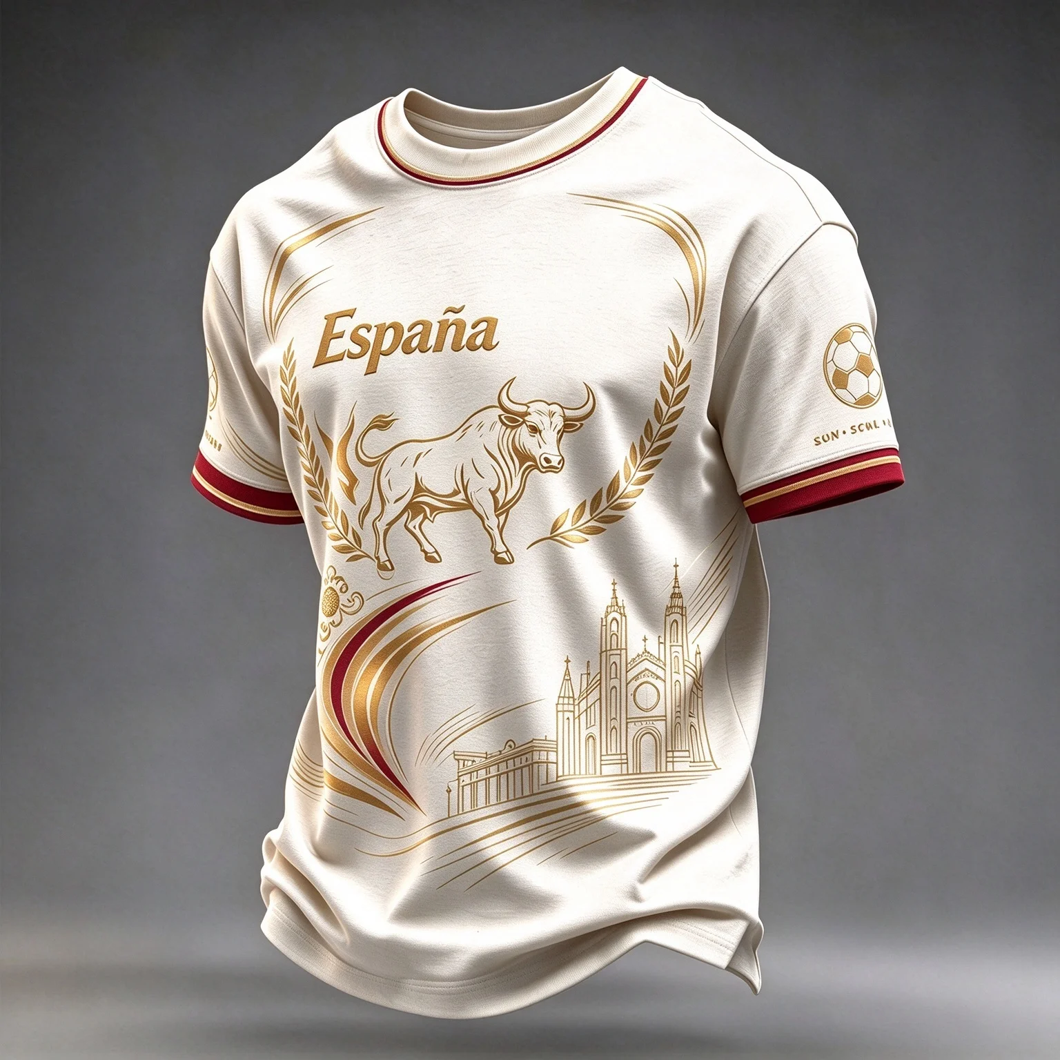 Vintage Spain Football Men T-Shirt, Golden Wheat Wreath Bull Landmark Print Fan Daily Wear Short Sleeve Jersey, Multi Colors