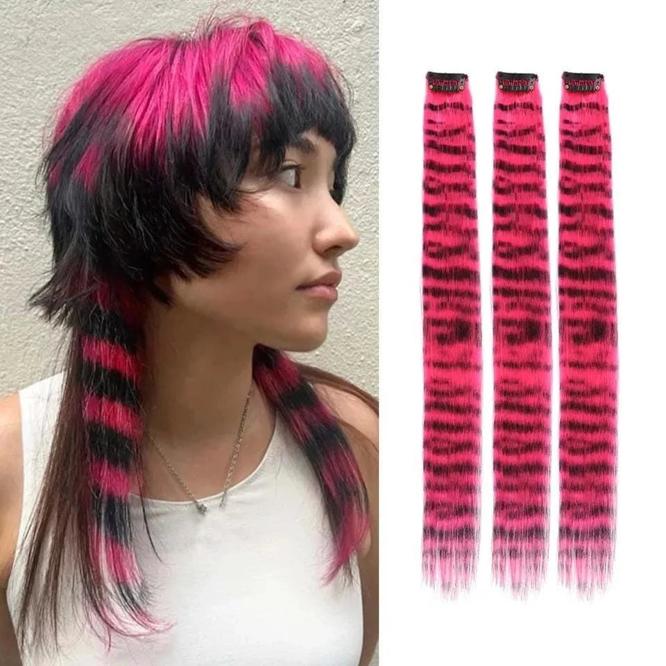 

1pc/set Stripe Printed Hair Colorful Long Straight Hair Pieces Synthetic Clip-in Hair Extensions for Daily Use Party Halloween