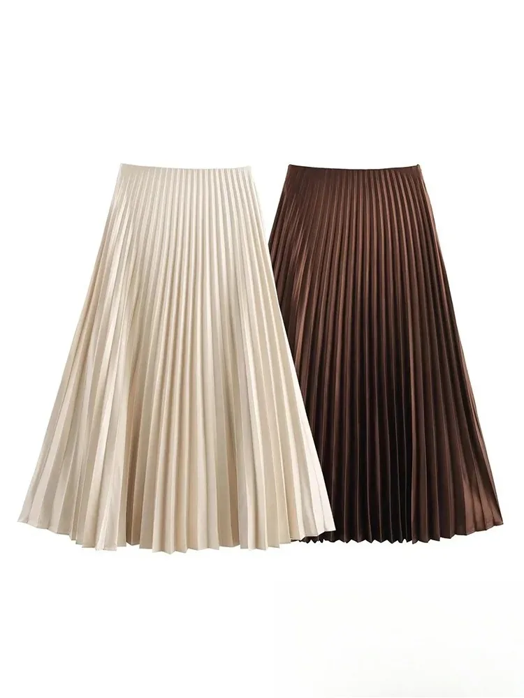 KONDALA ヴィンテージカジュアルプリーツロングスカート女性ハイウエストプリーツロングサテンスカートファッション 2025 春夏エレガントスカート
