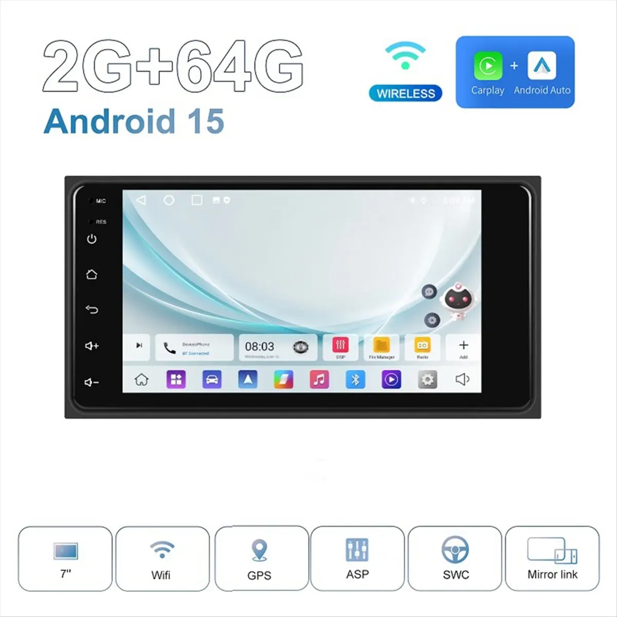 Hot Sale 7In Android 15 Car Radio Carplay Android Auto Multimedia Player for Prado ,2G+64G