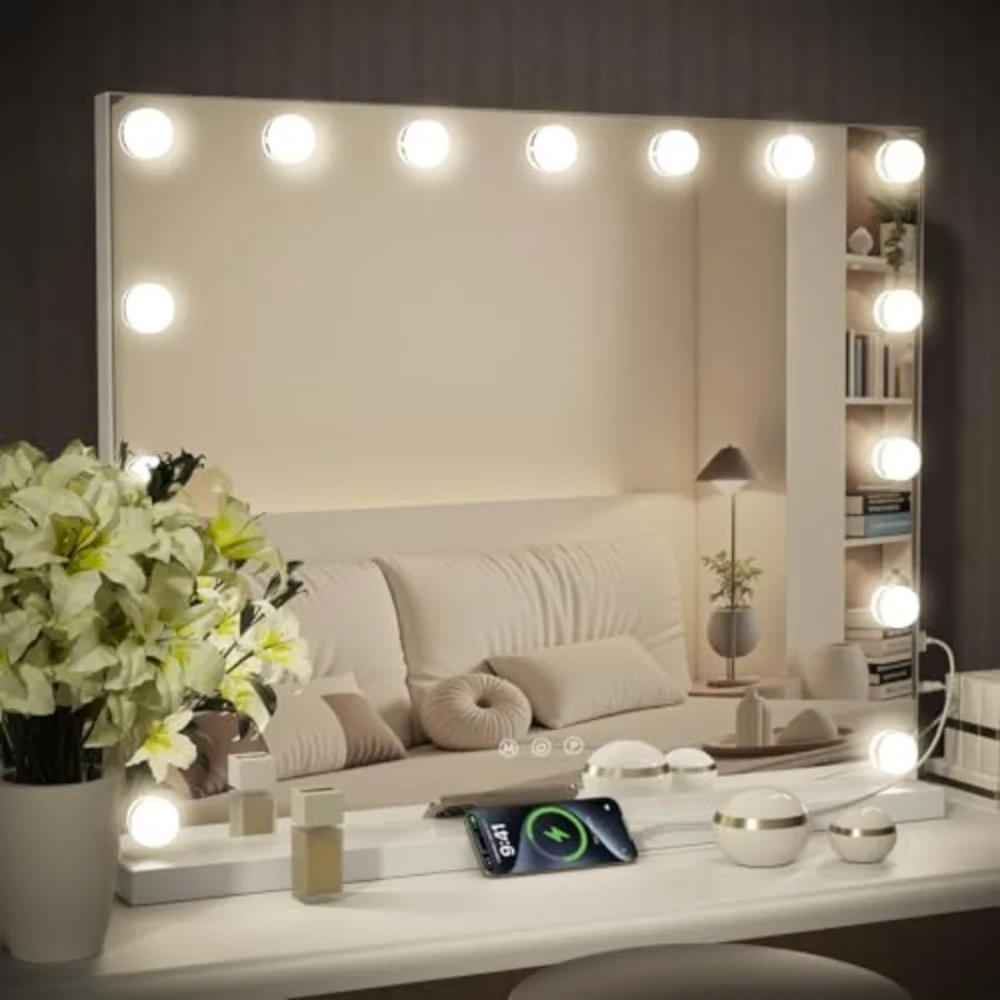 

Hollywood Vanity Mirror with Lights, 15 Dimmable Bulbs, 3 Color Lights, Make Up Lighted Mirror, Aluminum Metal Frame, USB Charg