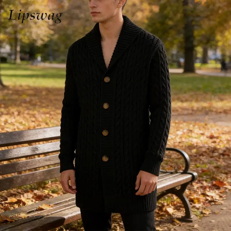 

Vintage Single-breasted Lapel Mens Sweater Jacket Fall Winter Trendy Slim Fit Knitting Cardigans Men Casual Twist Texture Coats