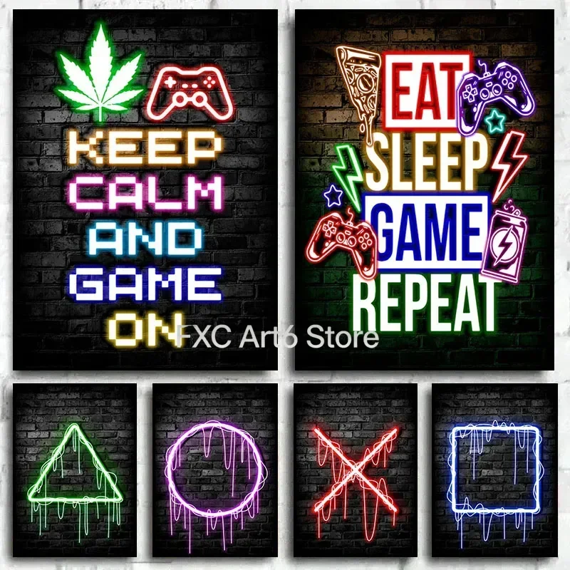 1PCS Frameless Neon Gaming Gamer Room Decor Canvas Painting Eat Sleep Game Repeat Gamer Gaming Game Neon Posters Canvas Print Ar