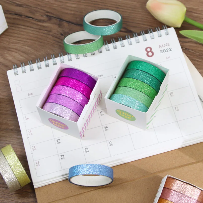 5Rolls Glitter Washi bant seti Scrapbooking dekoratif yapışkan bant albümü Washitape kırtasiye dergisi malzemeleri temel maskeleme Ta