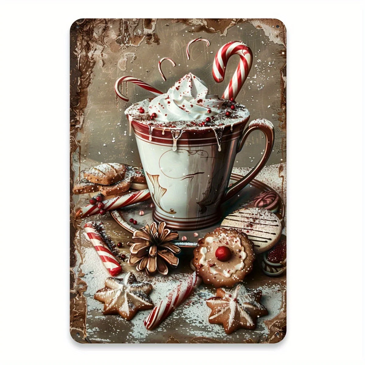 1 unidad, chocolate caliente rústico con letrero de bastón de caramelo, 20,32x30,48 cm, arte de pared vintage, lata de metal de hierro prepegado duradera para el hogar