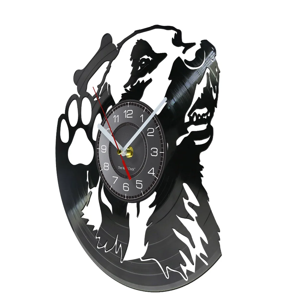 Dog Portrait Silent Wall Clock Made Of Vinyl Record LP Dog Paw Dog Bone Puppy Pet Shop Wall Art Retro Home Decor Dog Owners Gift