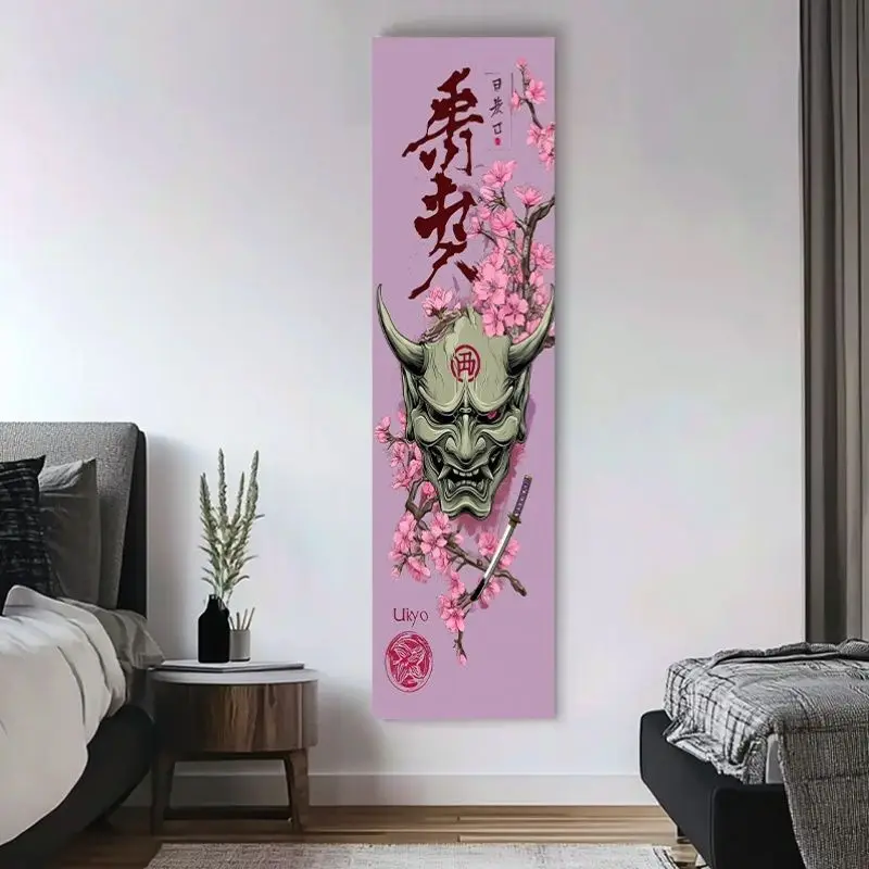 VIKAMA Japanese Hannya Cherry Blossom Tapestry Samurai Katana Long Narrow Wall Banner for Bedroom Living Space Wall Decor