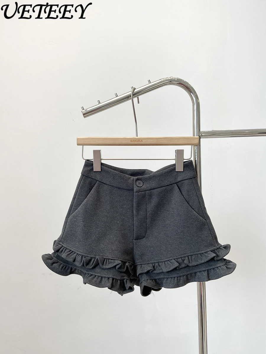 

Fashion Ruffle Gray High Waist Hip Lift Black Casual Shorts Women Spring 2025 New Korean Commuter Versatile Woolen Suit Shorts
