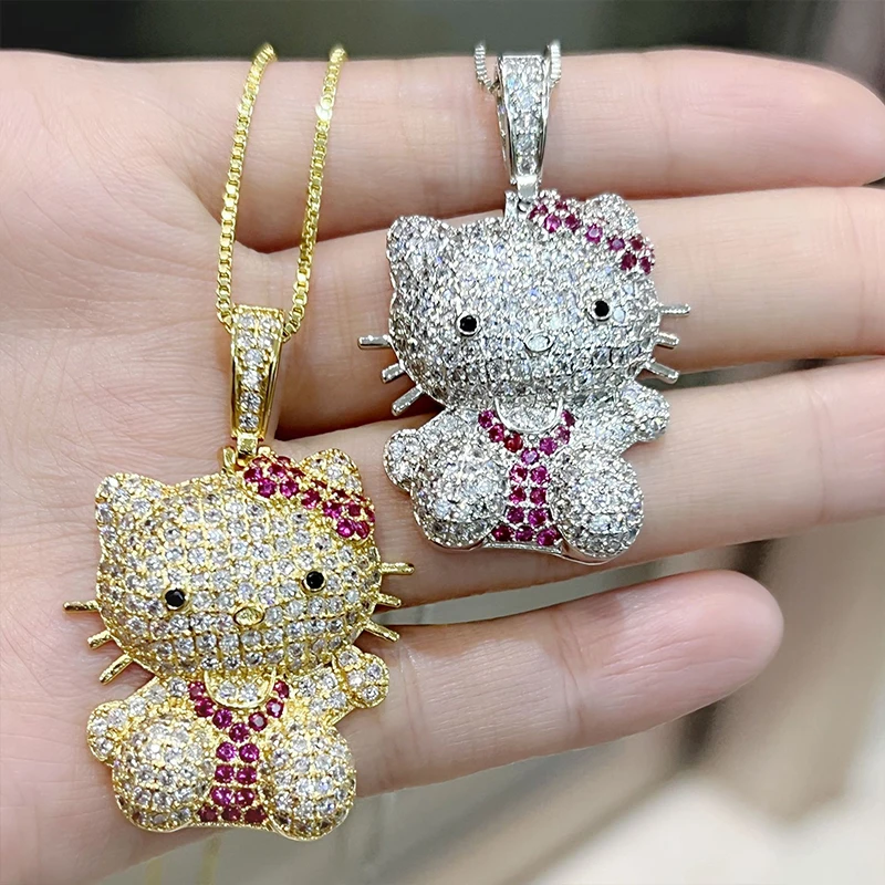 Hello Kitty stile hip-hop carino dolce collana con ciondolo con diamanti pieni di lusso ciondolo gatto cartone animato elegante regalo per ragazze gioielli di moda