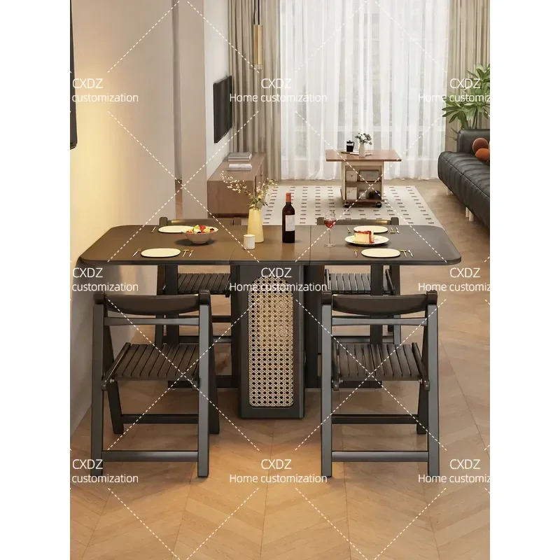 Solid Wood Foldable Dining Table for Small Apartments Multi Functional Retractable Table with Induction Cooker and Rock Slab