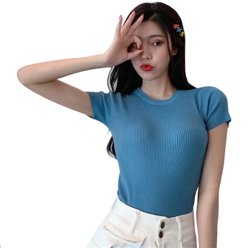 Elegant Crew Neck Slim Knitted T-shirt For Women Classic Solid Color Short Sleeve Casual Tops Summer Girly Versatile Pullover