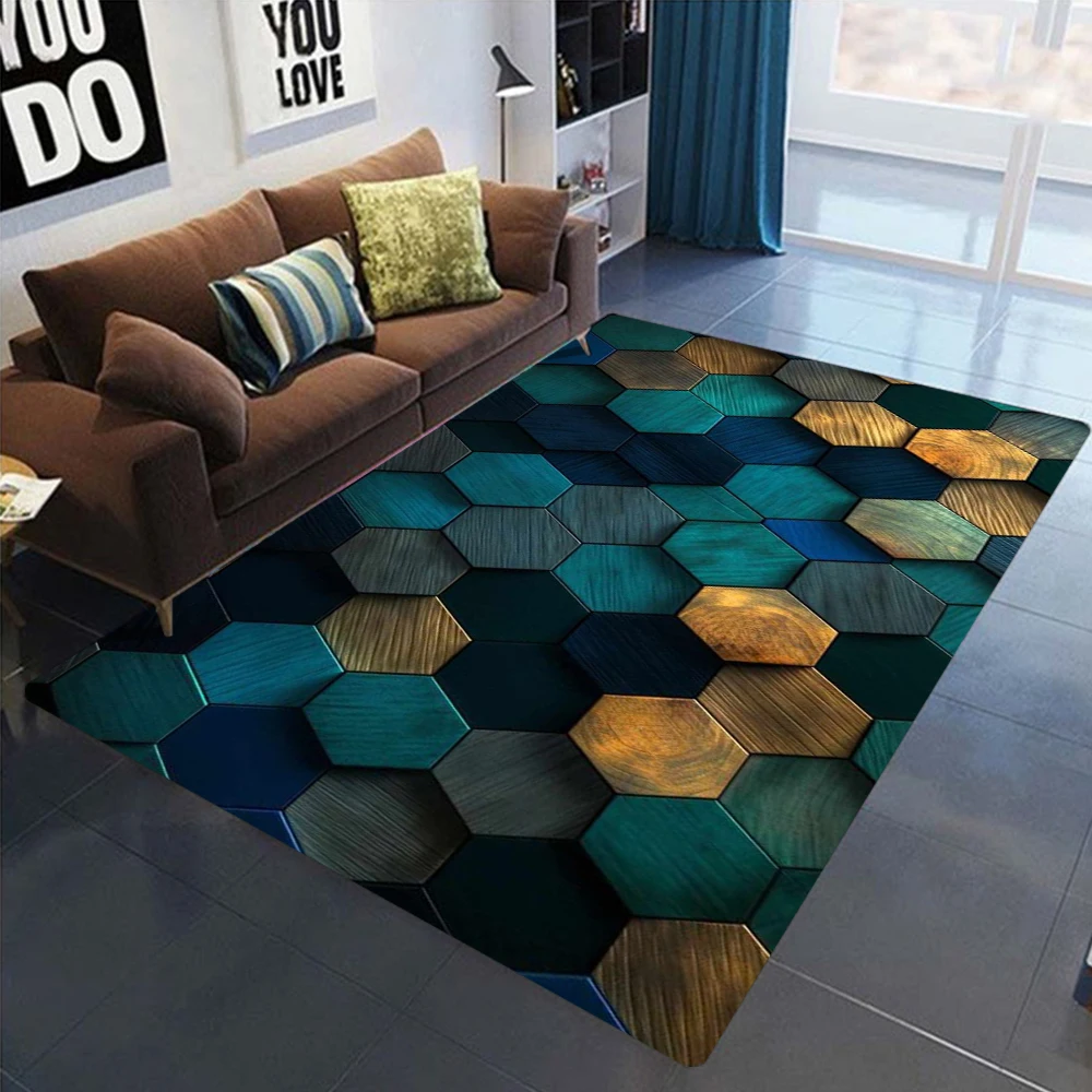 Hexagonal Wood Grain Carpet Mat Geometric Design of Non Slip Floor Mats for Living Rooms and Bedrooms Colorful Home Decor Carpet
