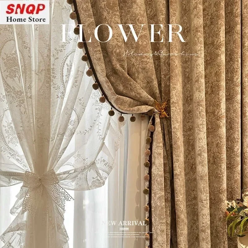 Classic Decor Rose Manor Red Brown Chenille Jacquard Curtains For Living Room Bedroom Dining Blackout Custom Size White Tulle