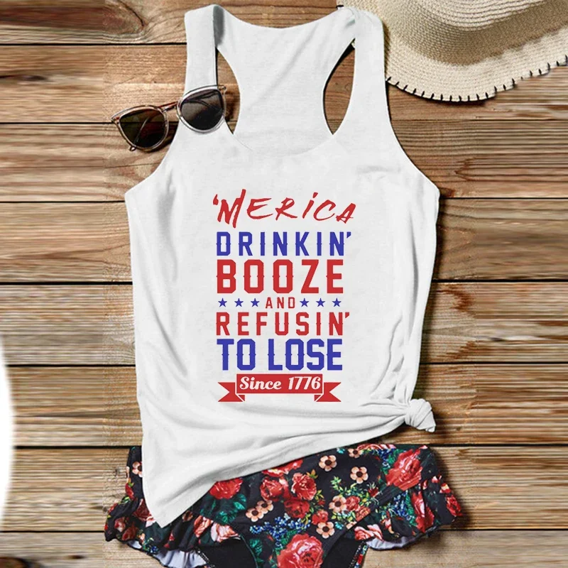 

Drinkin' Booze and Refusin' To Lose Tank Top Drinking Women Clothing Cute and Funny Tank Top Summer Letter Lake Tank L