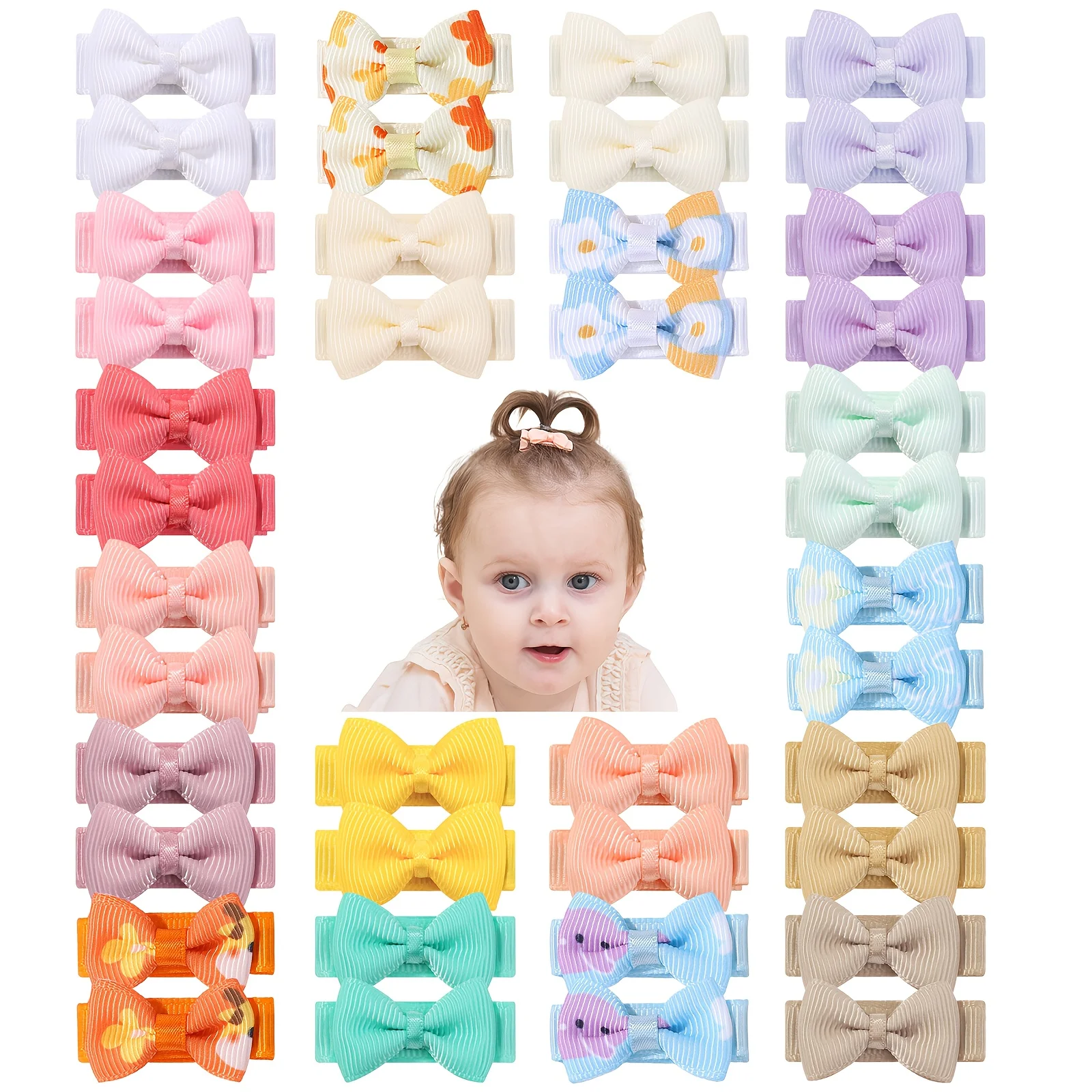 

40pcs/set Mini Ribbon Color Printed Bow Hair Clip for Baby Girls Cute1.18'' Bowknot Non-Slip Full Lined Hairpin Hair Accessories