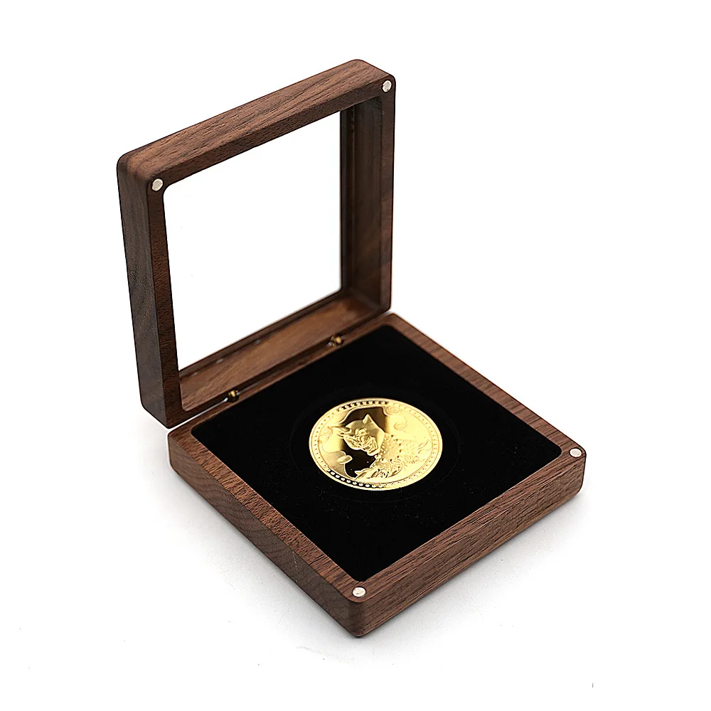 Caja de insignia de moneda conmemorativa de madera maciza de nogal negro, broche, organización de insignia de moneda, caja de madera para embalaje