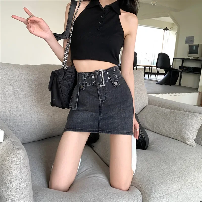 MiiiiX American Retro Style High Waist Denim Skirt Women's 2024 Autumn Sash Design Slim A-line Denim Short Skirt Odzież damska