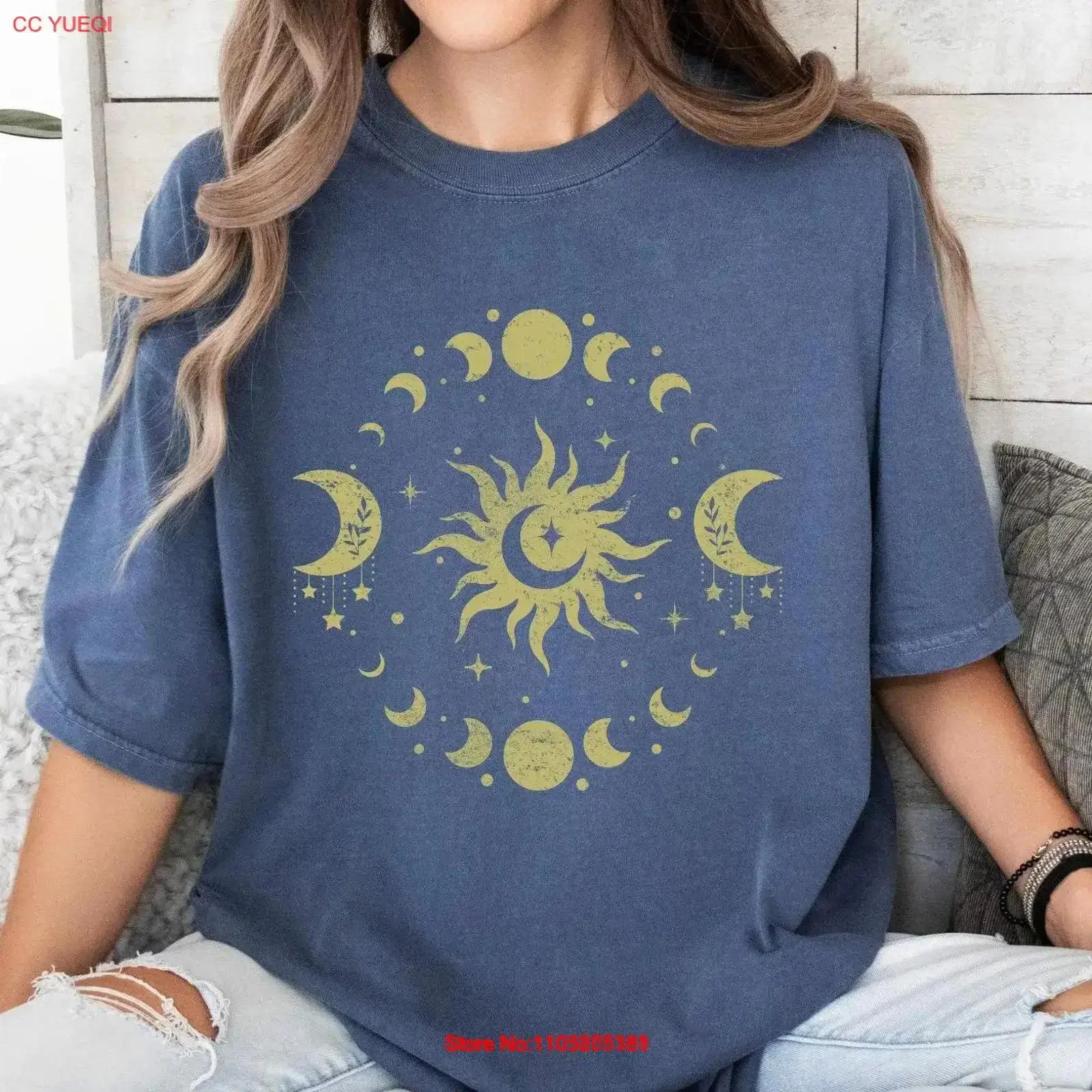 Sun and Moon Celestial Boho T Shirt Phases Witchy Cosmic Aesthetic Vintage Spiritual Starry Night vintage Washed Unisex Soft