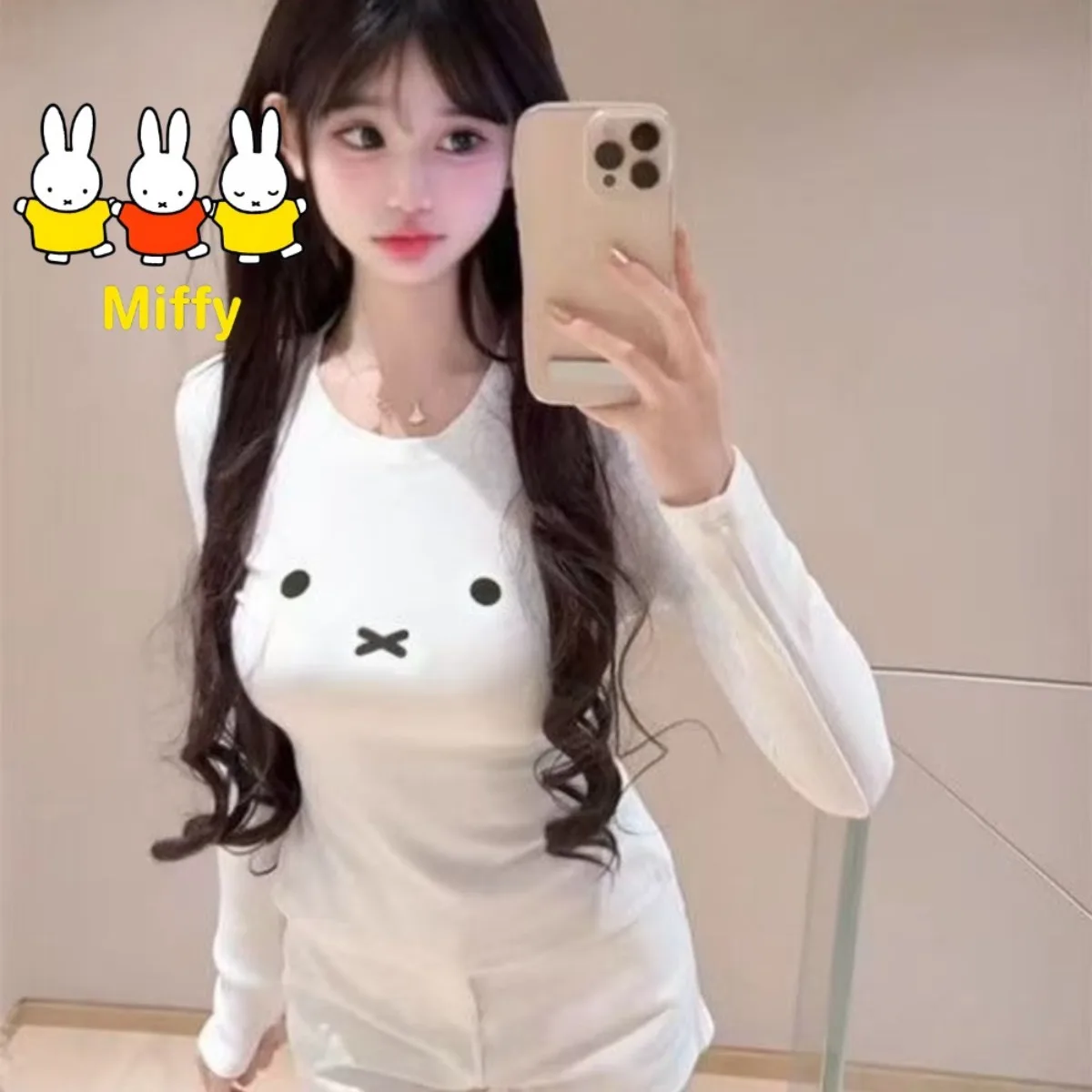 Kawaii Miffy T-Shirt, süßes weißes Miffy-Kaninchen-Langarmshirt für Damen, Herbst/Winter, neuer Stil, eng anliegendes Basic-Oberteil für Mädchen