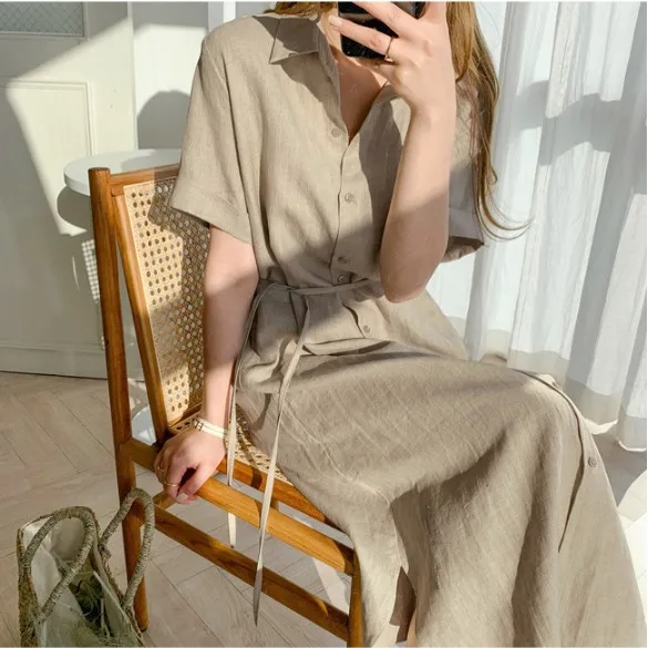 Dress women's 2025 Korean version simple loose lace up waist cinching single breasted short sleeved linen shirt skirt