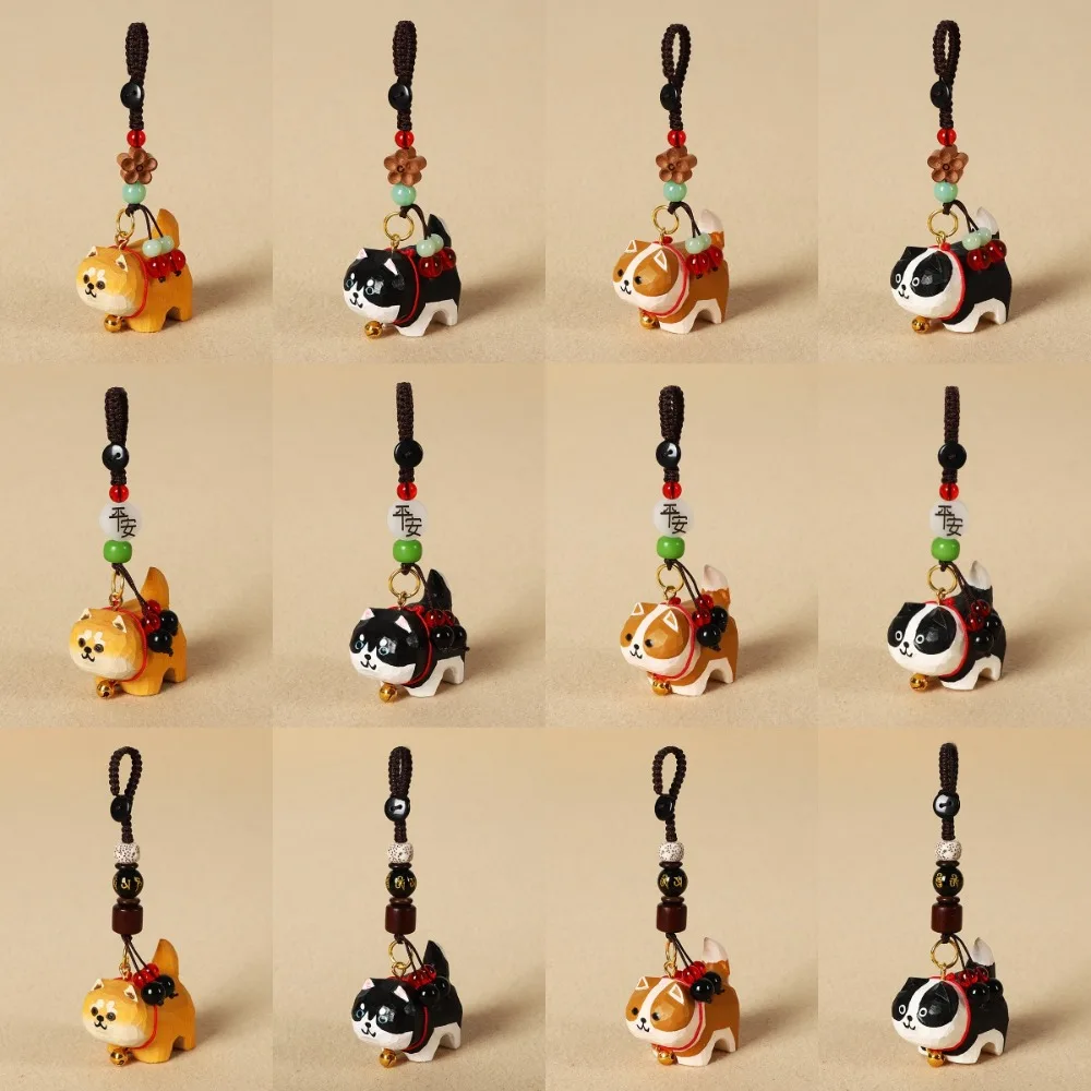 

Creative Flower Wooden Carved Dog Keychain Weave Rope Beads Wood Shiba Inu Dolls Pendant Kawaii Bag Hanging Car Keyring Gifts
