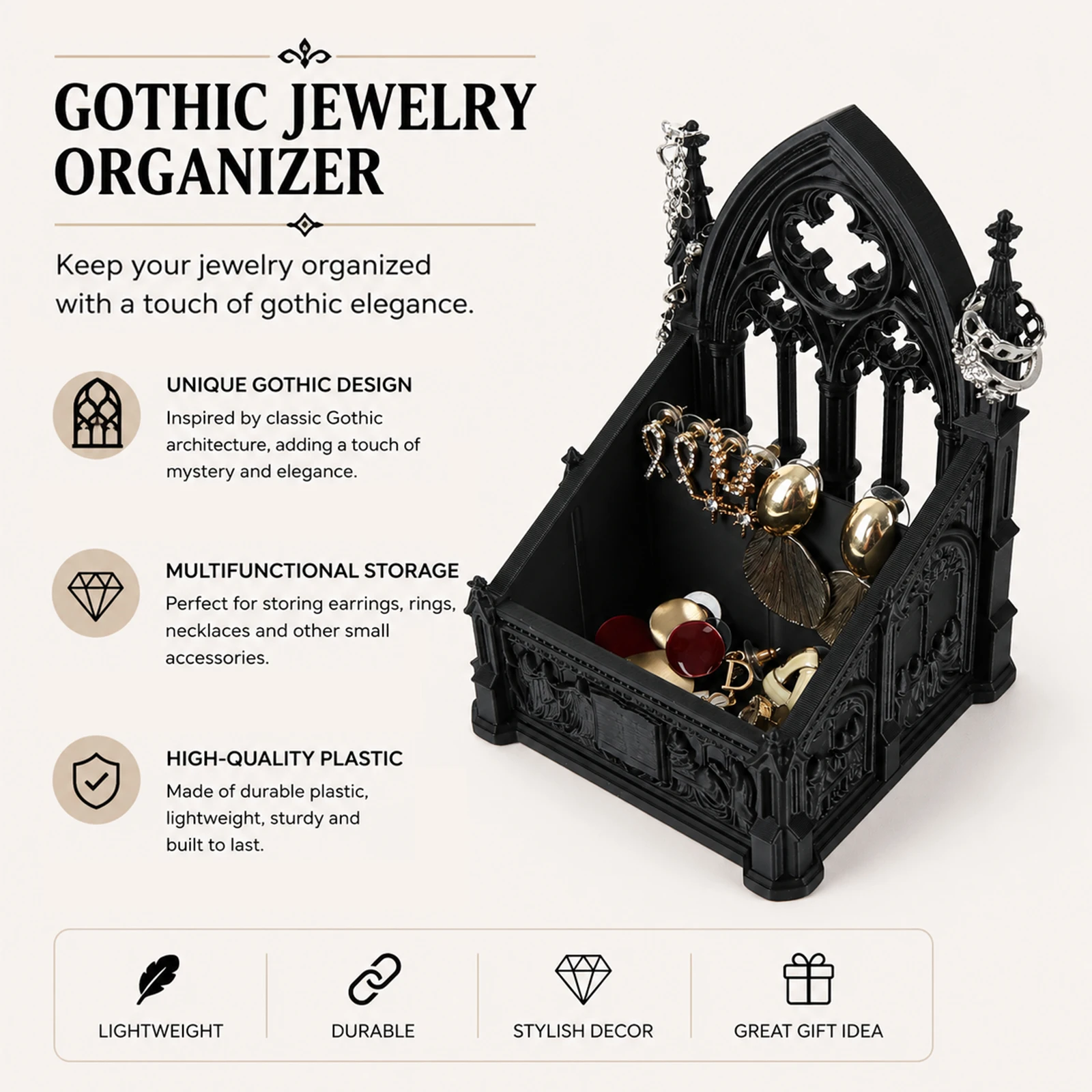 Cross-border Supply Gothic Cathedral Relief Jewelry Organizer Black Resin Castle Earring Necklace Ring Desktop Display Holder