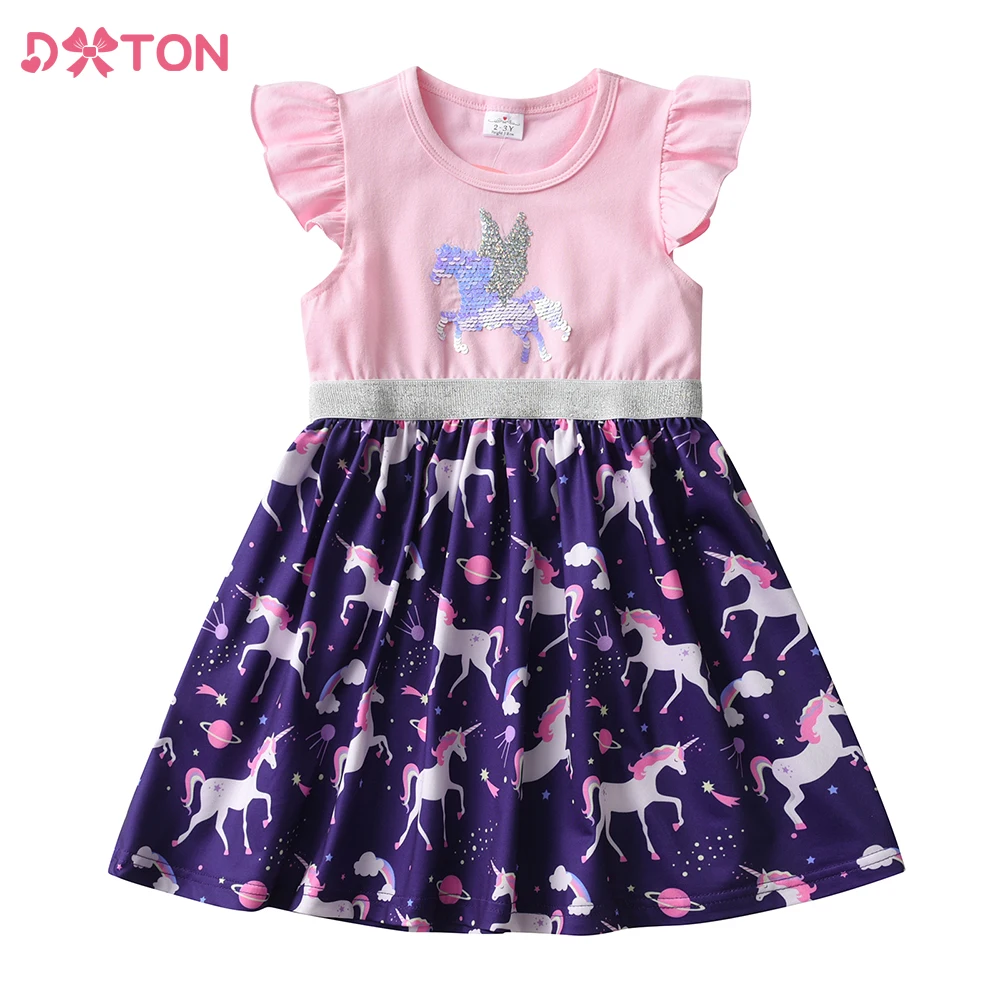 DXTON Ruffles Sleeveless Children's Dress Unicorn Full Print Kids Toddler Dress Sequined Casual Girls Dress Daily Summer Clothes