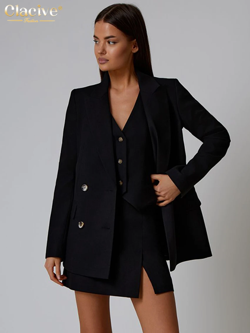 Clacive Fashion Loose Blue Office 2 Piece Set Women Outfit Elegant Long Sleeve Blazer + Tank Top With High Waist Mini Skirt Set