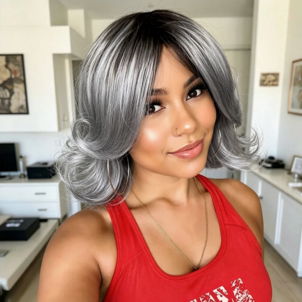 Ombre Gray Layer Bob Wig Full Machine Made Human Hair, 12inch Silver Salt Pepper Flip End Human Hair Bob with Curtain Bangs