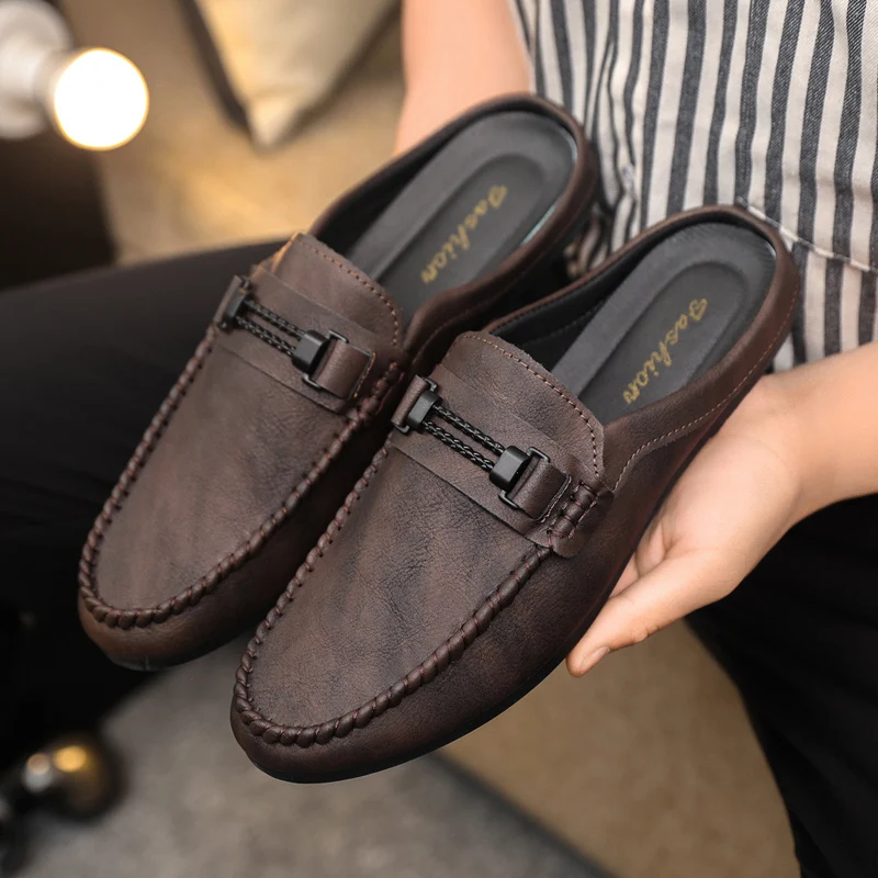 Lightweight Half Shoes For Men Mules Summer Man Slides Slip On Flats Men Driving Casual Shoes Leather Semi-Drag Loafers Slippers