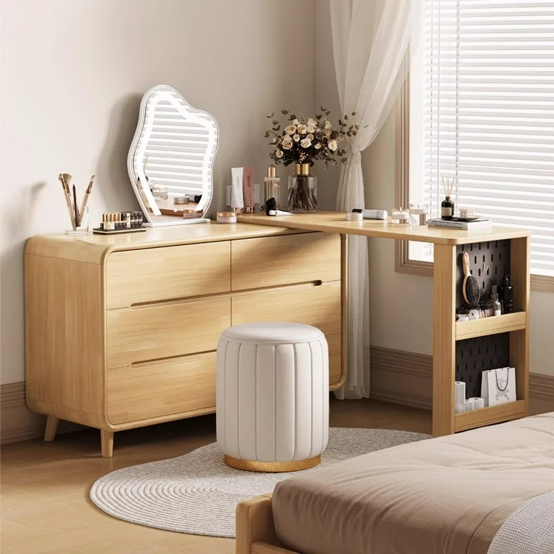 #Nordic solid wood dresser storage cabinet integrated household bedroom chest cabinet retractable makeup table with lamp