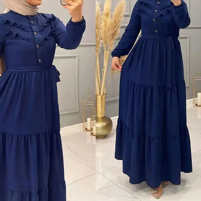 

Muslim Abaya Women Fashion Casual Dress Long Layered Dresses with Belt Dubai Luxury Islam Kaftan Dress Abaya Women Kebaya Caftan