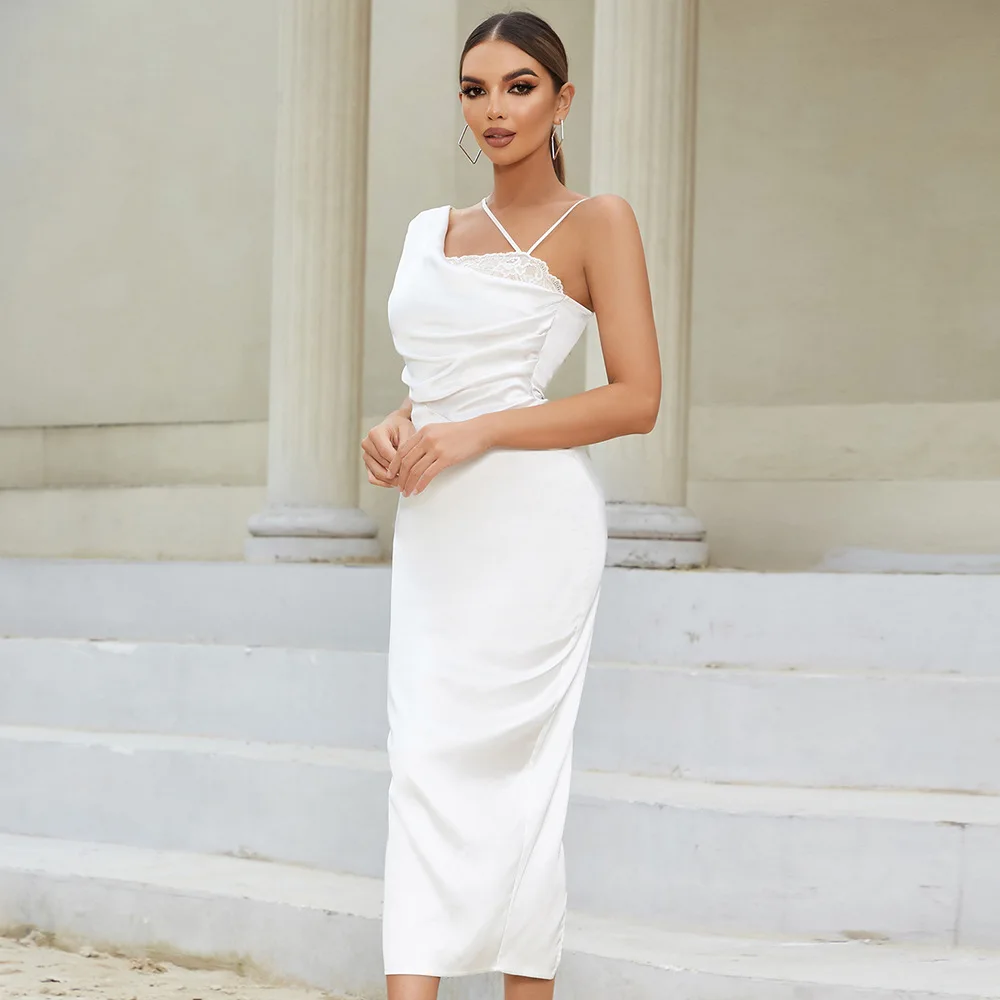 

New simple and sexy shoulder suspender splicing mesh backless slim dress women's party sexy temperament elegant high-end clothin