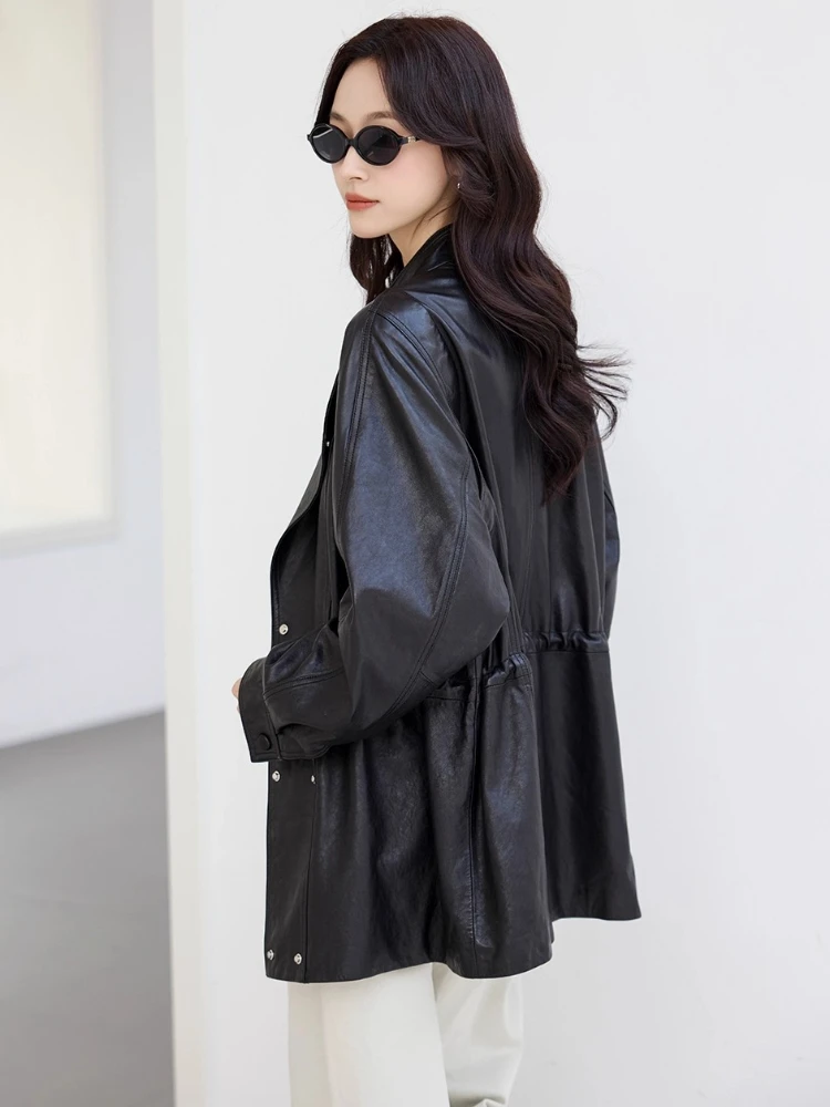 سترة واقية من الجلد الطبيعي غير رسمية للنساء لربيع وخريف الراقية وبسيطة وياقة ثابتة وشمع زيتي صلب معطف من جلد الغنم الحقيقي