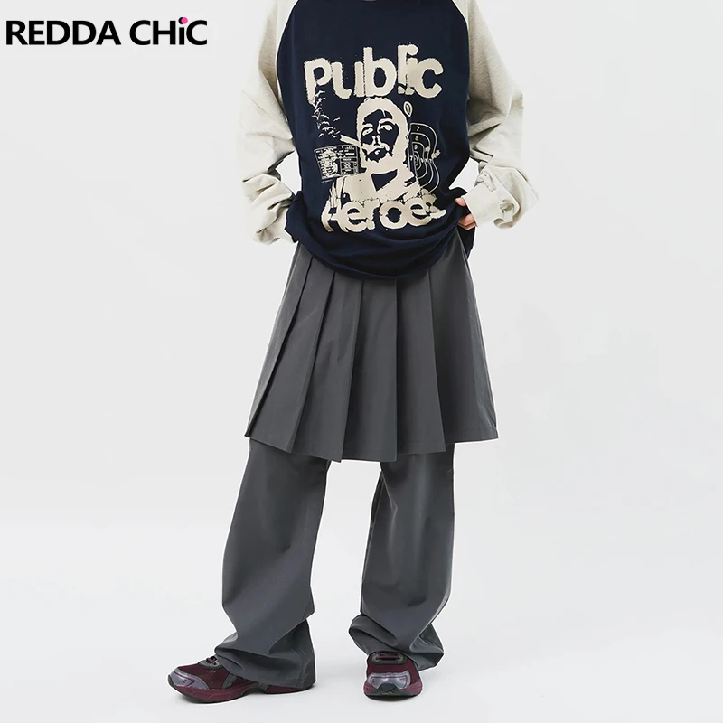 

REDDACHiC Korea Pleated Skirt Dress Pants Gray Solid Cleanfit Fake Two-piece Loose Suit Trousers Trendy Vintage Women Clothes
