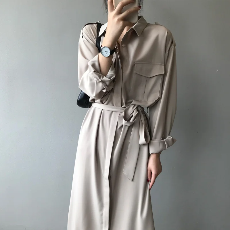 

Shirt Dress Women Spring Waist Slimming Elegant Shirt Dress French Lightly Mature Dress0957