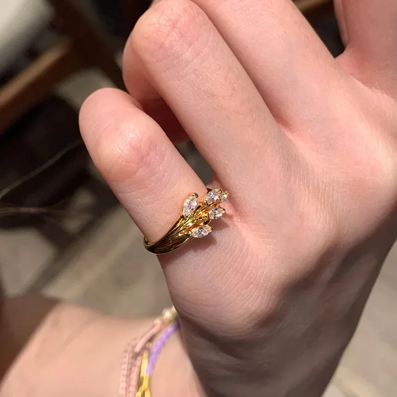 QN New Elegant Wheat Ear Diamond Pinky Ring For Women Luxury  Dainty Finger Jewelry Trendy Minimalist Stackable Band High-End