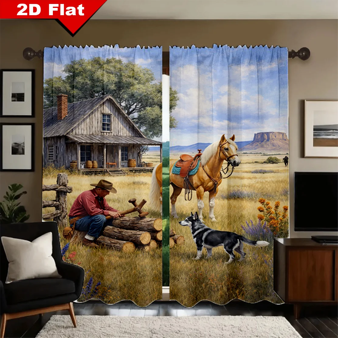 2D Flache, 2-teilige Western-Cowboy-Vorhänge, Rustikaler Bauernhof-Pferde-Hunde-Druck, Gardinen für Wohnzimmer, Fensterdekoration, Ländliche Heimdekoration