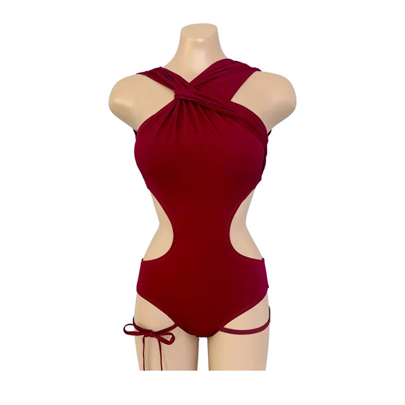 Sexy One Piece Swimsuit Women Wine Red Swimwear Padded Bathing Suit Monokini Beachwear Cut Out Bodysuit Backless Swimming Suits